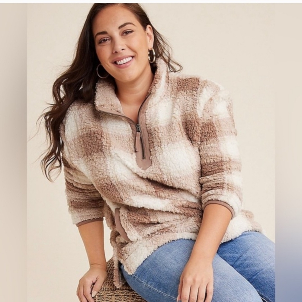 Maurices Mocha and Cream Plaid Teddy Sherpa Pullover Sweatshirt